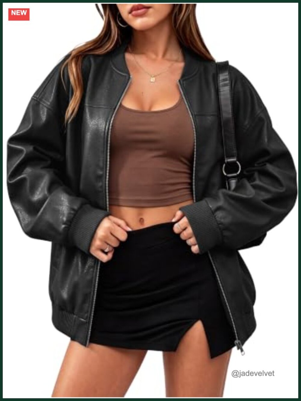 Oversized Faux Leather Bomber Jacket Viscose Blend Slouchy Boyfriend Fit